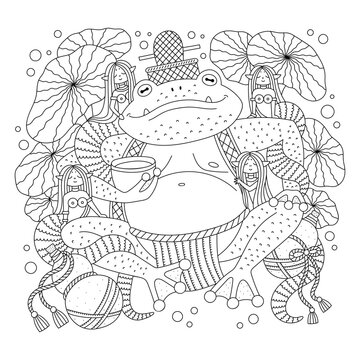 Big toad king with cute little mermaids. Asian style. Swamp nature. Funny coloring page for adults. Cartoon vector illustration. Outlined drawing. Black and white colors. Isolated. Clipart