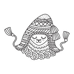 Portrait of cute llama. Traditional peru hat with ornament. Happy smiling alpaca. Funny farm animal. Coloring page for kids. Cartoon vector illustration. Black lines. Outlined drawing. Isolated 