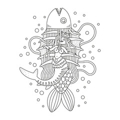 Little mermaid princess and big fish. Underwater vampire. Mysterious bloody fantasy artwork. Coloring book for adult. Cartoon vector illustration. Outlined drawing. Isolated on white