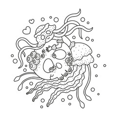 Funny jellyfish with big skull. Cute little mermaid. Fantasy coloring page for kids. Outlined drawing. Cartoon vector illustration. Black and white artwork