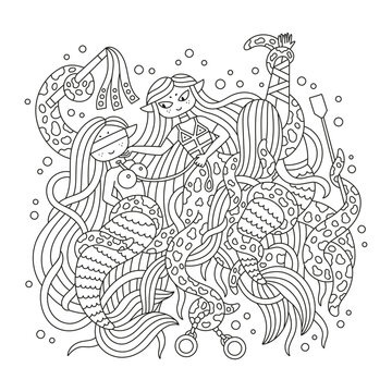 Octopus and two mermaids playing sex games. Funny cartoon artworks. Coloring page for adults. Outlined hand drawn art. Black and white drawing. Isolated