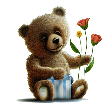   cute bear cub holding 3 flowers and a gift bag, generative ai
