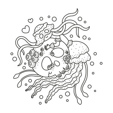 Funny jellyfish with big skull. Cute little mermaid. Fantasy coloring page for kids. Outlined drawing. Cartoon vector illustration. Black and white artwork