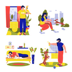 Pets with their owners set concept with people scene in the flat cartoon design. Man and woman play games with their pets.
