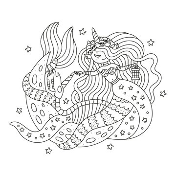 Cute unicorn mermaid and skeleton horse. Mysterious sea princess girl with crown from shell and skull. Crescent moon, underwater night. Coloring page for kids and adults. Cartoon vector illustration
