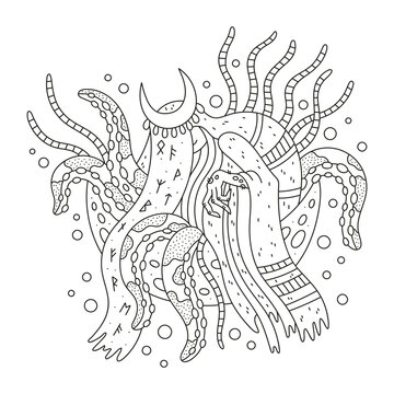 Evil scandinavian sea witch. Mysterious underwater mermaid. Octopus with tentacles. Fantasy coloring page. Cartoon vector illustration. Isolated on white. Outlined hand drawn artwork