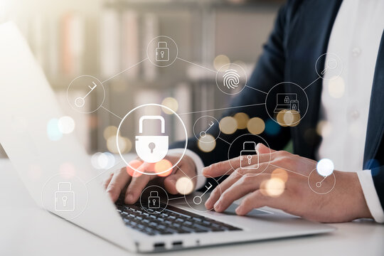 Cybersecurity and privacy concepts to protect data. Lock icon and internet network security technology. Businessmen protecting personal data on virtual interfaces.
