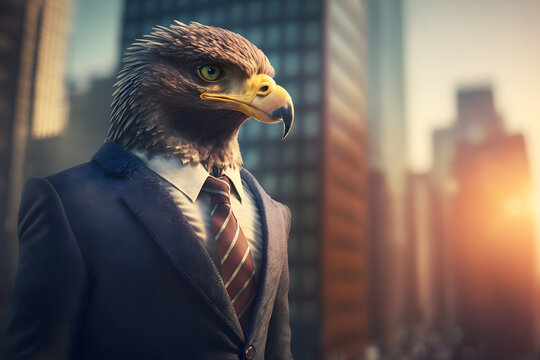 Portrait d'un aigle anthropomorphe businessman se baladant dans les rues de la ville &raquo; IA g&eacute;n&eacute;rative