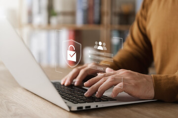 Cybersecurity privacy of data protection, businessman using laptop Secure encryption technology,...