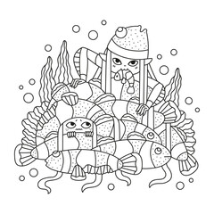 Feral little mermaid. Ocean wildlife. Dead clown fish. Cute sea fish girl. Wild hunter. Fantasy coloring page. Cartoon vector illustration. Isolated on white. Black and white colors. Outlined