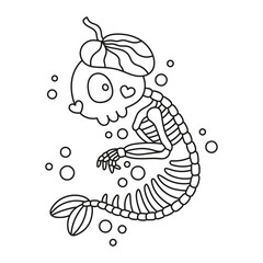 Little cyclops skeleton mermaid. Cute funny sea monster. Underwater dead creature. Coloring page for kids. Cartoon vector illustration. Black and white. Isolated drawing. Outlined artwork