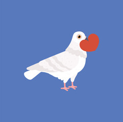 Cute white pigeon holding red heart in beak flat style, vector illustration