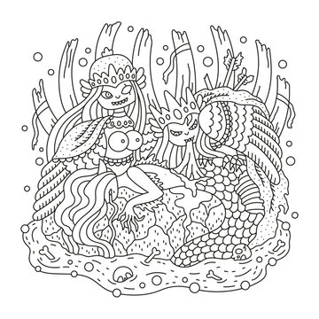 Scary harpy queen eating dead mermaid. Mythology creature. Fantasy sea monster girl. Detailed coloring page for adults. Cartoon vector illustration. Outluned artwork. Isolated on white. Black lines