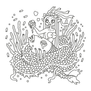 Scary mermaid with fish eye in hand. Underwater monster girl with big dead fish. Sea fantasy horror. Detailed coloring page for adults. Cartoon vector illustration. Isolated on white. Outlined art