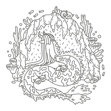 Demon mermaid inside sea cave. Underwater fish girl. Ocean nature. Seaweed, shell, coral. Beautiful coloring page. Cartoon vector illustration. Isolated on white. Outlined hand drawn artwork. Clipart