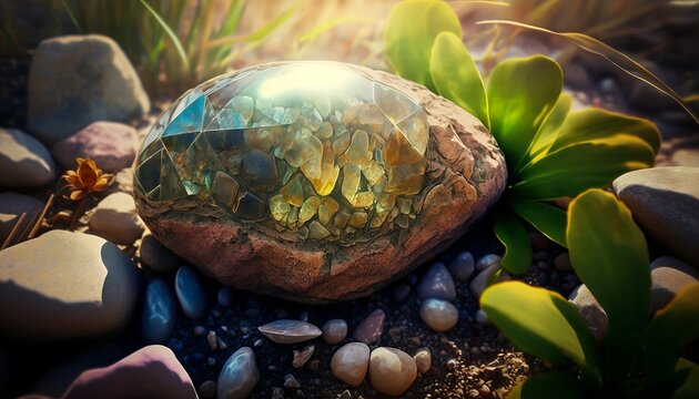 Precious Serendibite stone growing from the soil in a garden. Generated by AI.