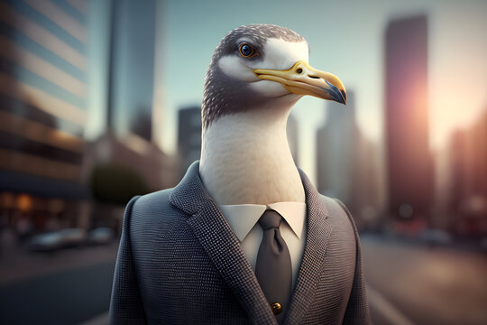 Portrait d'une mouette anthropomorphe businessman se baladant dans les rues de la ville &raquo; IA g&eacute;n&eacute;rative