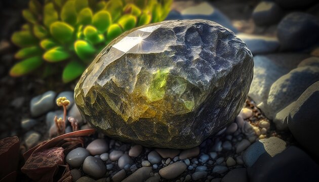 Precious Serendibite stone growing from the soil in a garden. Generated by AI.