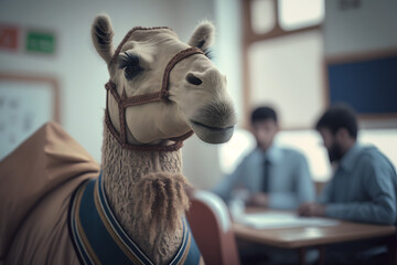 Portrait d'un chameau anthropomorphe habillé en écolier dans une salle de classe  » IA générative