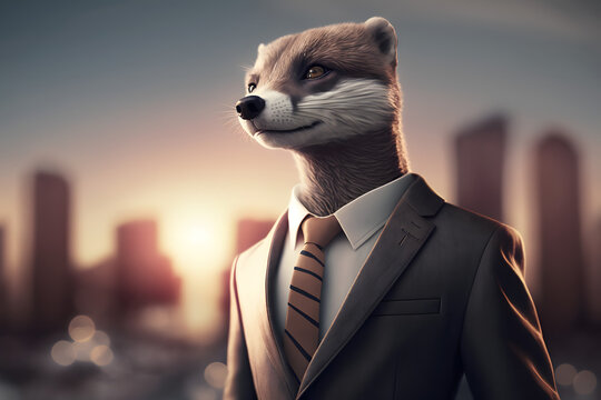 Portrait d'une fouine anthropomorphe businessman se baladant dans les rues de la ville &raquo; IA g&eacute;n&eacute;rative