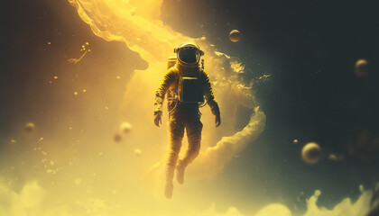 Astronaut Floating In Space, Yellow Landscape, 4K 