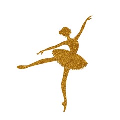Hand drawing gold silhouette  Ballerina.Woman Dancer in tutu and pointe shoes. Line isolated drawing illustration.Dancer is jumping. logo. 