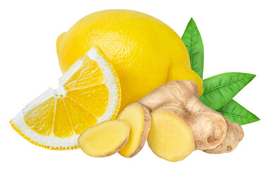 Ginger and lemon isolated on white or transparent background.
