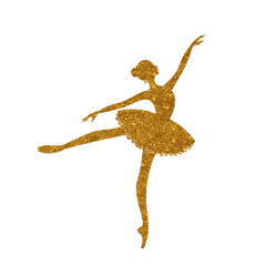 Hand drawing gold silhouette  Ballerina.Woman Dancer in tutu and pointe shoes.Vector Line isolated drawing illustration.Dancer is jumping. logo. 