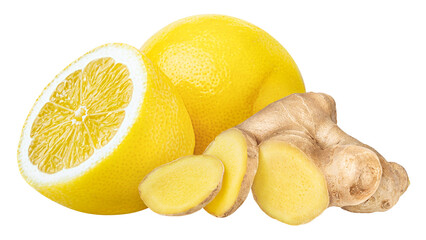 Ginger and lemon isolated on white or transparent background.