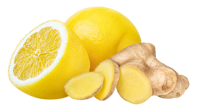 Ginger and lemon isolated on white or transparent background.