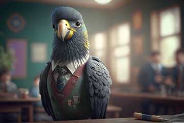 Portrait d'un perroquet anthropomorphe habillé en écolier dans une salle de classe  » IA générative