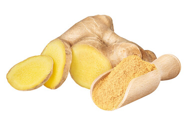 Ginger isolated on white or transparent background. Dry ground ginger powder and slices of fresh ginger root