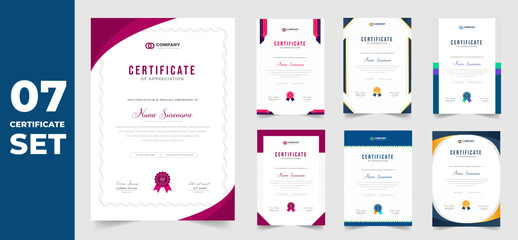 set of 7 Mega collection diploma Certificate template for achievement graduation completion with luxury badge. training graduation or course completion certificate set. certificate bundle, certificate
