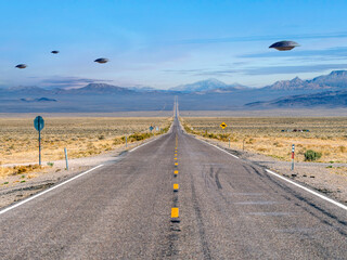 UFO Flying Saucers over the Extraterrestrial Highway in Rachel Nevada near Area 51. © gchapel