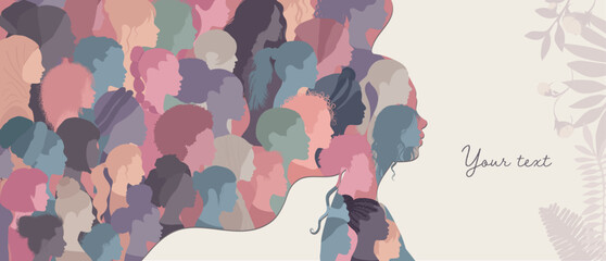 Woman face silhouette in profile with group of multicultural women faces inside. Women’s day concept. Concept of racial equality anti-racism and a woman who gives voice to other women