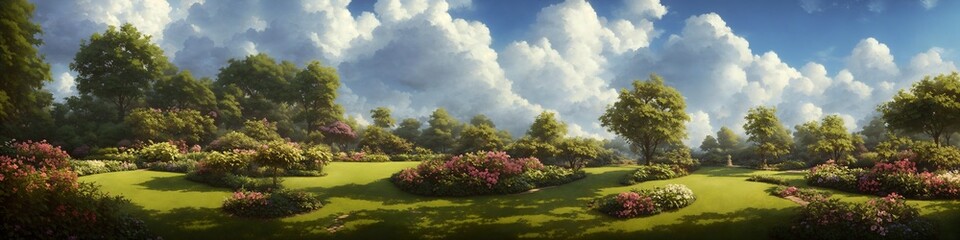 Fototapeta na wymiar Illustration landscape of the countryside park in a beautiful tree forest, generative AI.