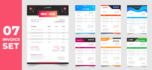 set of 07 Mega collection corporate modern minimal Business invoice form template. Invoicing quotes, money bill, Tax form, payment receipt, price invoices and payment agreement design template set.