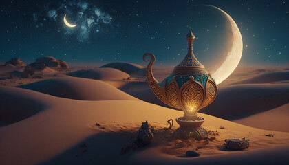 Aladdin's lamp in the desert. Generative AI - obrazy, fototapety, plakaty