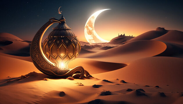 Aladdin's lamp in the desert. Generative AI