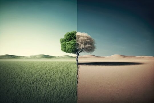 Tree in the distance with clean empty conceptual landscape divided between nature and desert. Generative AI