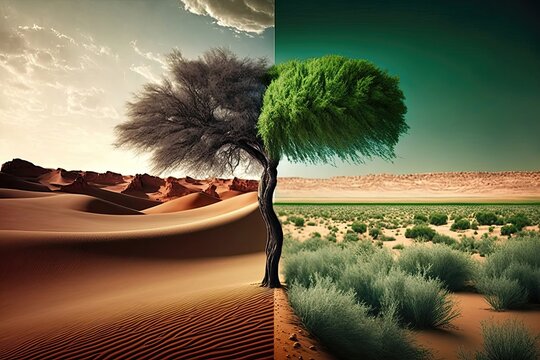 Tree in the distance with clean empty conceptual landscape divided between nature and desert. Generative AI