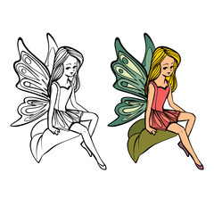 Cute Flower Fairy Girl with wings and long hair sitting on a leaf. Hand drawn Fantasy line art and color image isolated on a white background, design for coloring book page