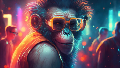 Fototapeta na wymiar Monkey at the rave party generative AI 