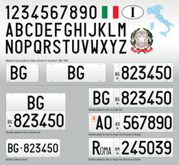 Modular italian vintage car license plate, letters, numbers and symbols, period 1985-1994, vector illustration, Italy