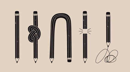 Set of black Pencils in various conditions. Straight, bended, knotted, broken and short pencil. Back to school, teacher's day concept. Design templates. Hand drawn Vector illustration