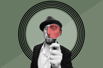 Digital collage with young bearded man looking through magnifying glass	