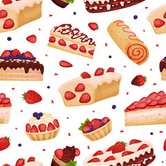 Strawberry Dessert Seamless Pattern Design with Sweet Creamy Pastry Vector Template