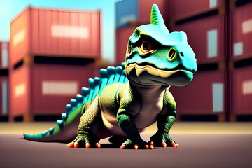 digital painting of a realistic baby dinosaur. the dinosaur is dressed as a customs agent. there is a warehouse with cargo boxes in the background. barroque lighting. tilt shift lens - generative ai