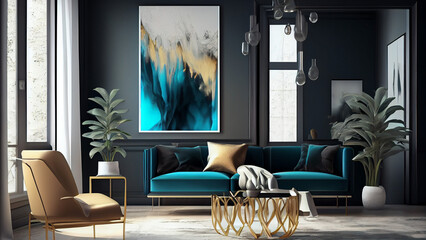 Interior of modern living room with black walls