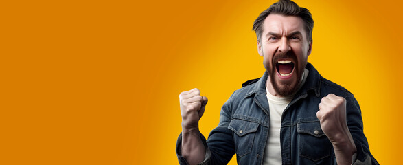 Excited happy man raise her hand up doing winner gesture clenching fist and shouting yes. Generative AI